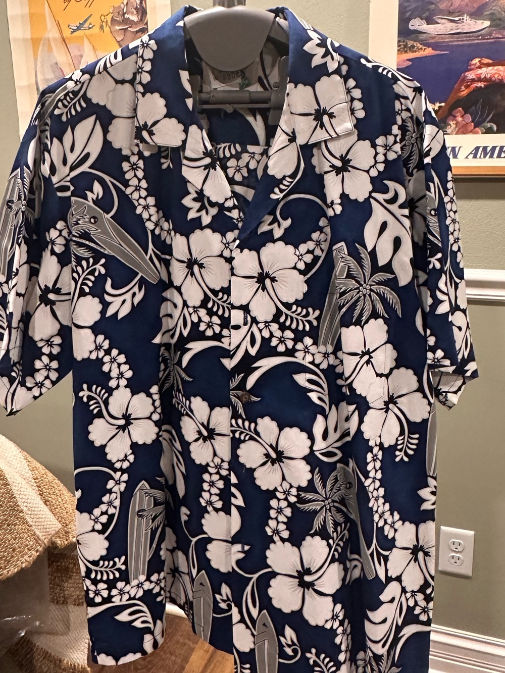 Men's Navy Blue Floral Hawaiian Button-Down Shirt- Size XL